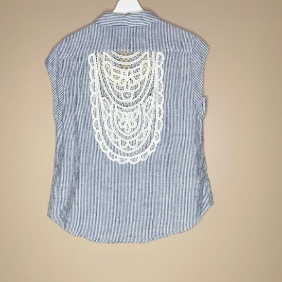 Anthropologie Maeve Linen w/ Lace Button Down Sleeveless Blouse - S - Picture 3 of 10